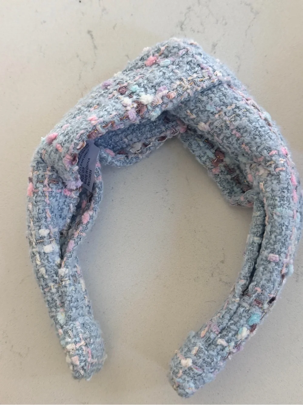 Eugenia Kim Light Blue Tweed Knot Headband with Pink and Cream Accents